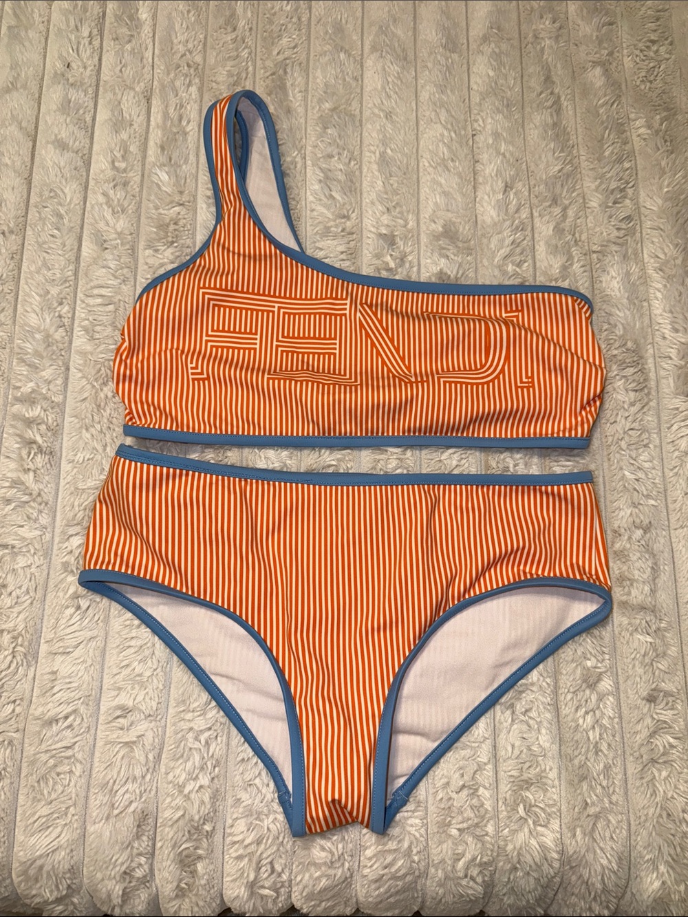 Fendi Orange and Blue One-Shoulder Striped Bikini